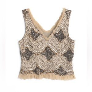 Vintage Beige and Gold Beaded Women's Blouse